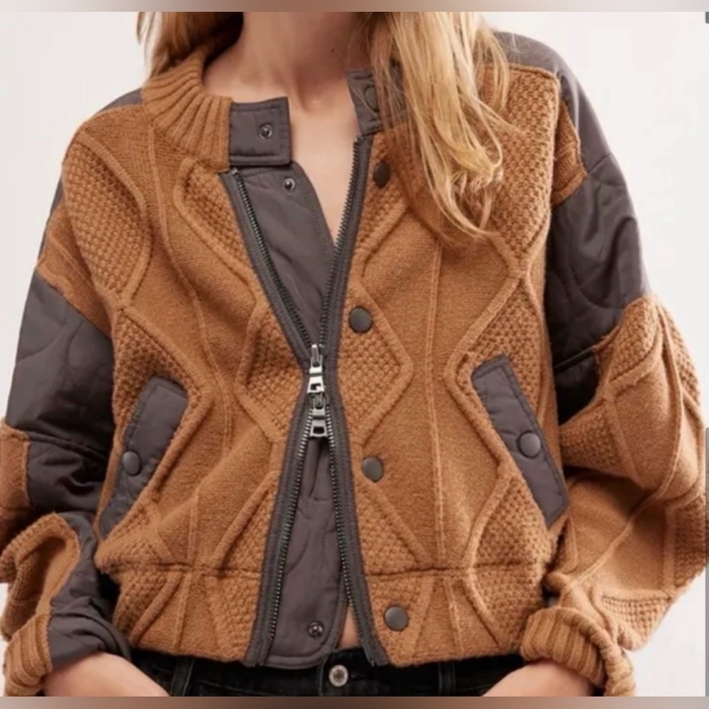 NWT L Free People Block Party Bomber Cable Knit Zip Up Pockets Tobacco Pavement